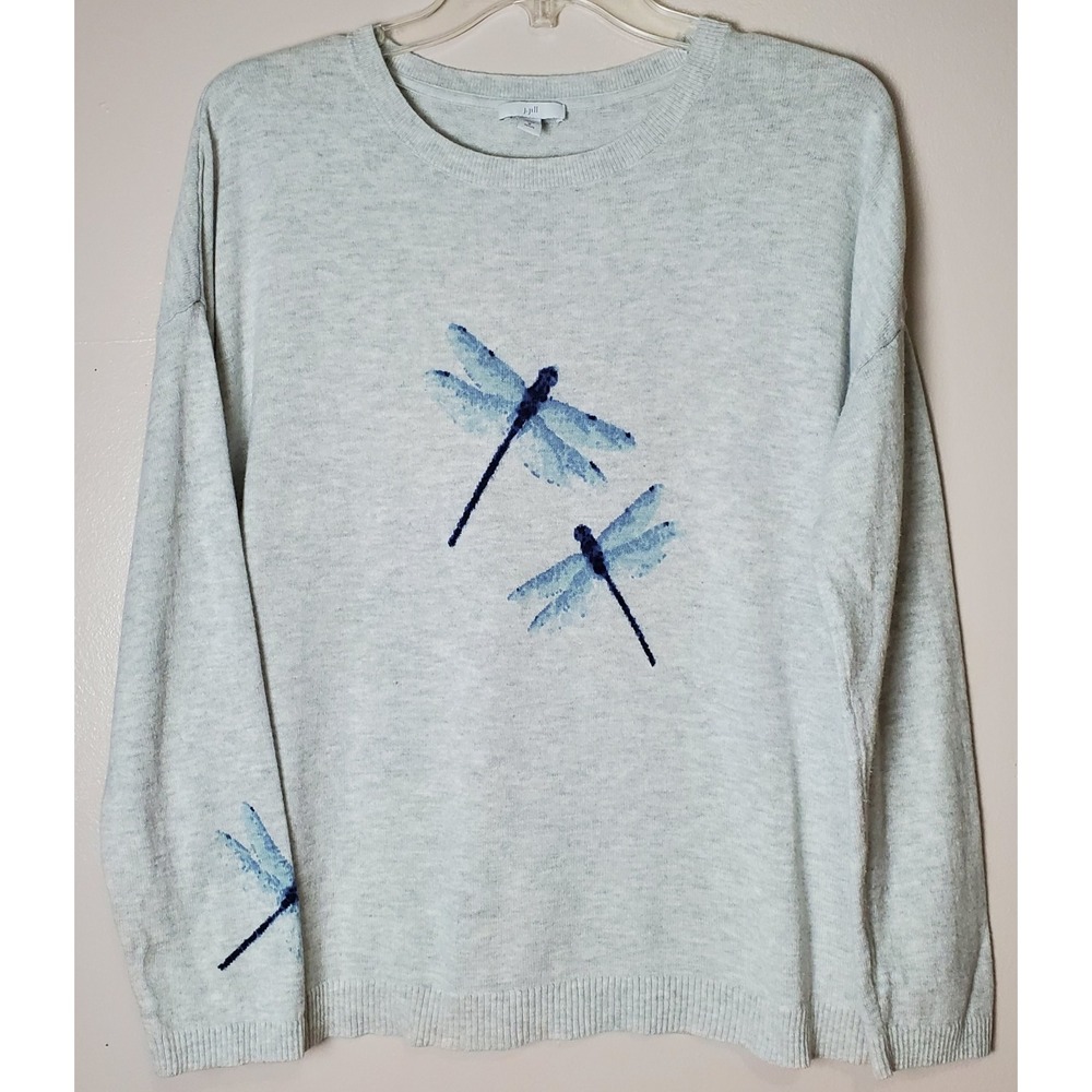 J Jill Dragonfly Sweater Heather Gray Blue Petite Medium Boho Chic Nature Phoebe
